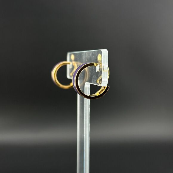 Vintage Sarah Coventry Gold Tone Purple Enamel Hoop Clip On Earrings 3/4" - Picture 4 of 11